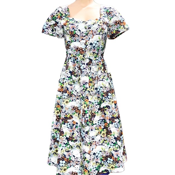 ModCloth Fit & Flare Midi Dress Retro 50s Blue Whimsical Floral Cat Cotton Sz 2 - Picture 8 of 8